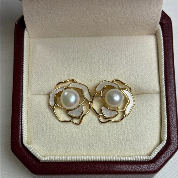 Handmade Jewelry - Gold Flower Pearl Stud Earrings | Sterling Silver Posts | Christmas Gift for Her